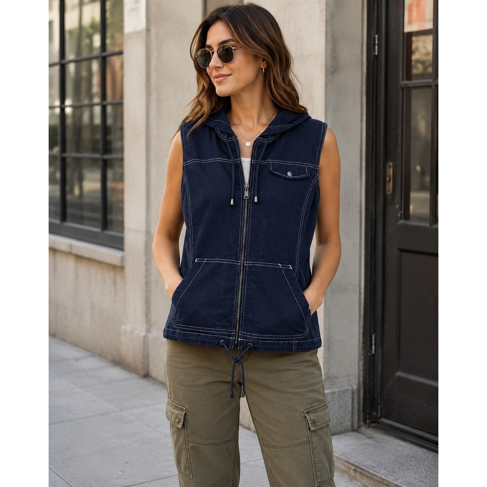 Christopher & Banks Cotton Blend Vest XL Navy Hooded Zip Contrast Stitch‎